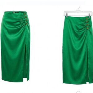 Zara Festive Holiday Midi Skirt with Slit | Emerald Green | Size XS